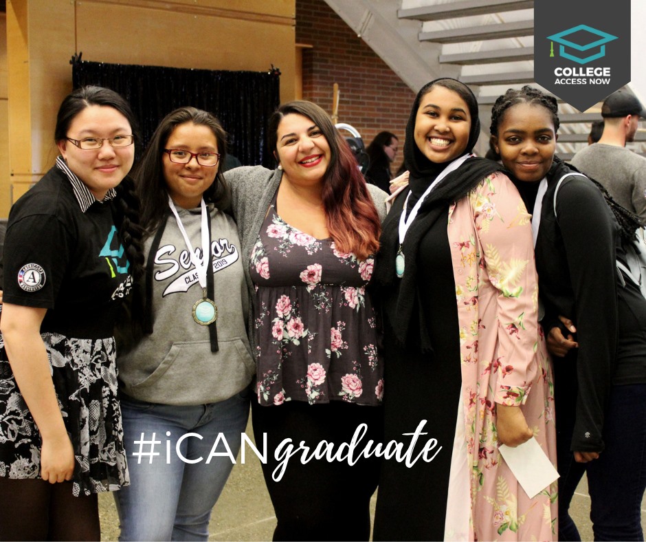 Five girls standing with their arms around one another smiling with a hashtag on the lower half of the screen that says ICANgraduate